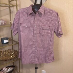 Wrangler Mens L Short Sleeve Pearl Snap Button Shirt Red Navy Geometric Print